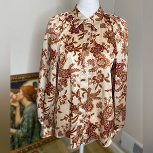 Misa X Revolve Beautiful Satin Floral Cream and Brown Fall Tone Blouse Sz Small
